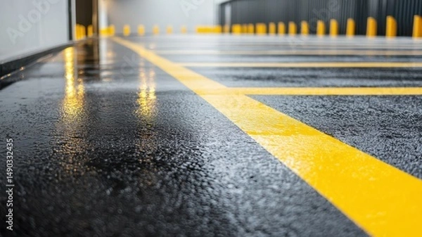 Obraz Nighttime image of a wet asphalt parking area showcasing a blacktop surface with reflections.