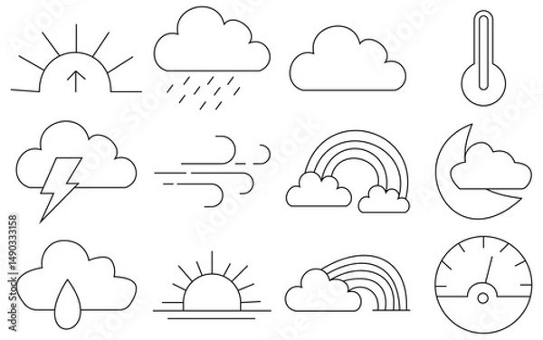 Fototapeta Weather Icon Set – Flat and Line Style Vector Symbols of Sun, Cloud, Rain, and Snow