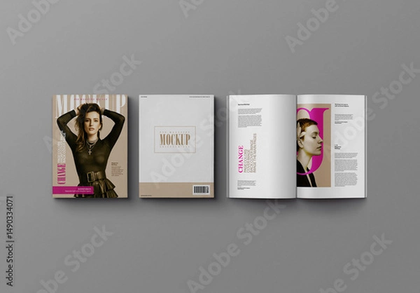 Obraz Magazine Mockup – A4 Flat‑Lay (3 Objects: Cover, Back & Spread)