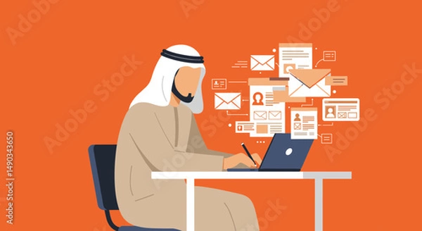 Fototapeta Arab Businessman Working On Laptop At Office Desk With Digital Documents In Flat Vector Illustration