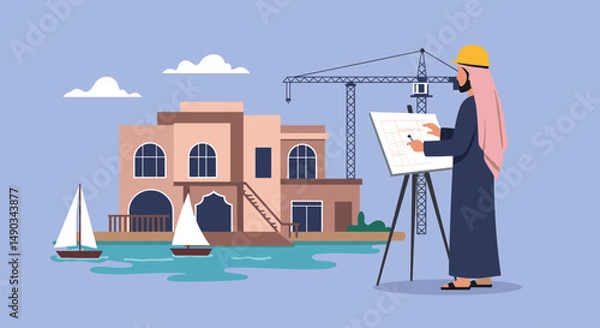 Fototapeta Arab Engineer in Traditional Attire Drawing Architectural Plans Outdoors with Buildings Boats and a Crane on a Blue Background