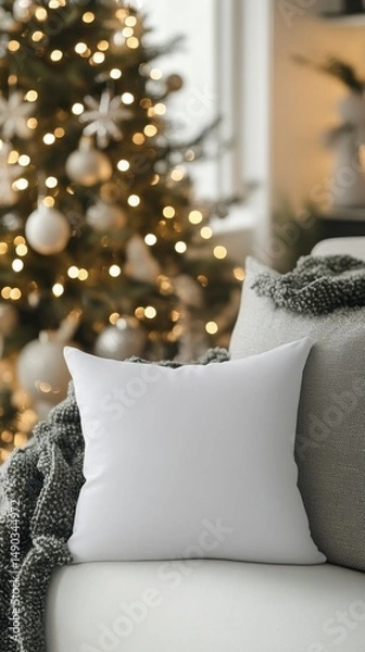 Obraz Cozy Living Room with Pillow and Christmas Tree in Soft Lighting