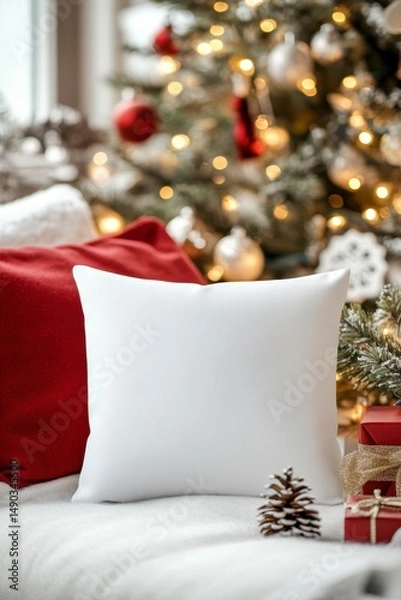 Obraz Elegant White Pillow on Cozy Sofa with Christmas Tree Background