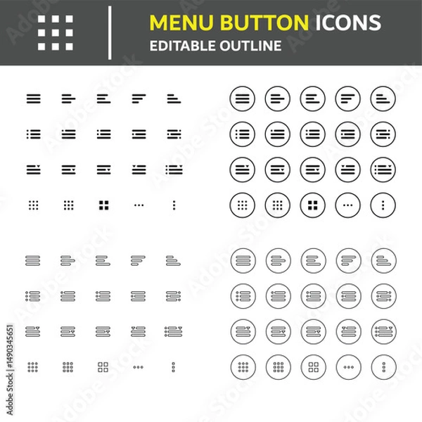 Obraz Collection of hamburger menu icons in solid and outline style. Ideal for user interface design, web and mobile apps, wireframes, and prototypes. Fully editable vector elements.
