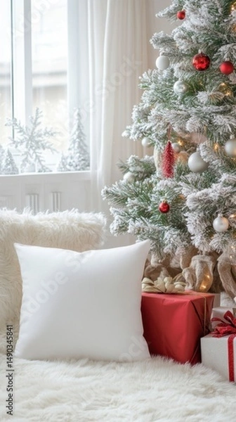 Obraz Cozy Holiday Scene with Christmas Tree and Decorative Pillow