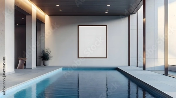 Obraz Modern minimalist indoor pool area with blank art frame and serene water reflection