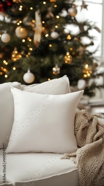 Obraz Cozy White Pillow on Couch with Christmas Tree in Background
