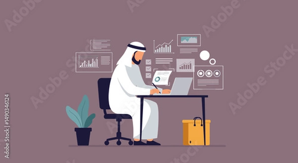 Fototapeta Arabian Businessman Working On Laptop At Desk With Data Charts Against A Purple Background