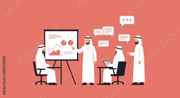Fototapeta Business Meeting Presentation Showing Data Charts with Arab Men in White Uniforms on Pink Background