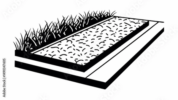 Fototapeta Illustration of a raised garden bed with grass and gravel in black and white style graphic created with generated ai