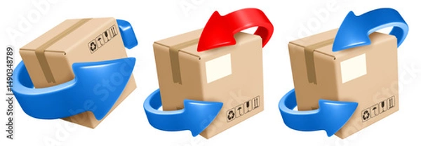 Obraz Cardboard delivery box or parcel with blue and red arrows spinning around. Return parcel to sender, exchange of goods, symbol of recyclable material. Logistic, delivery concept. Vector illustration
