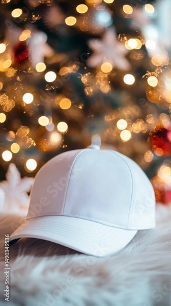 Obraz White Baseball Cap on Soft Surface with Christmas Lights Background