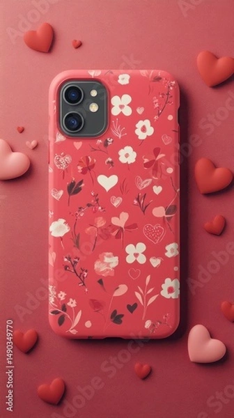 Obraz Floral Phone Case Design with Red Background and Heart Accents