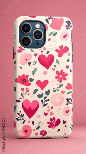 Obraz Colorful Floral Phone Case with Hearts on Soft Pink Background