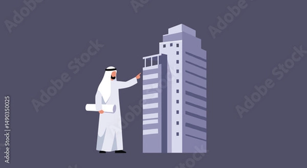 Fototapeta Pixelated Arab Man Architect Pointing At Tall Buildings With White And Grey Tones Against Dark Grey Background