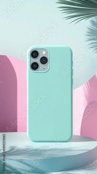 Obraz Mint Green Smartphone Case on Colorful Background with Palm Leaves