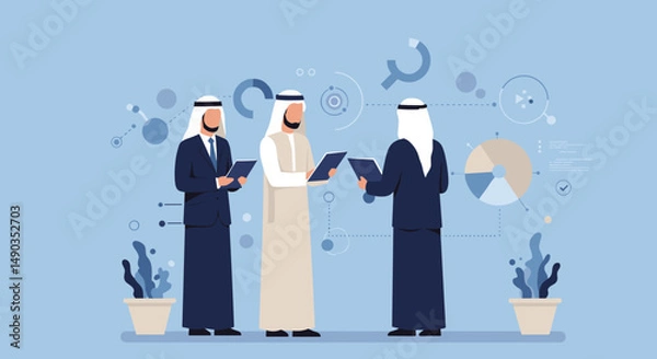Fototapeta Three Arab Businessmen in Formal Suits Discussing Documents with Data Visuals in Light Blue Background