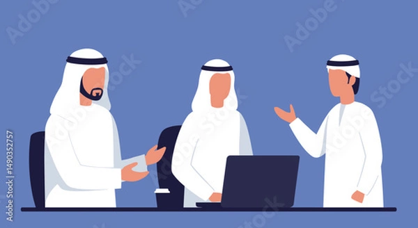 Fototapeta Three Arab Men in White Uniforms Having Meeting with Laptop in Blue Office
