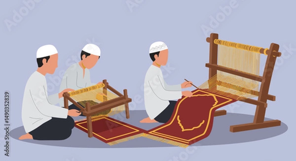 Fototapeta Three Men Weaving Textiles on Wooden Looms with Red Rugs and White Attire in Flat Pixel Style