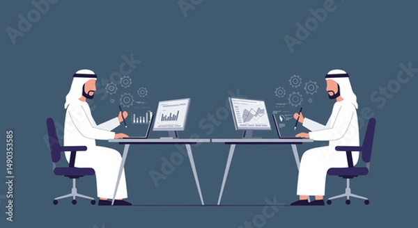 Obraz Two Arab Men Working At Desk On Computers In Pixelated Style With Data Floating Above