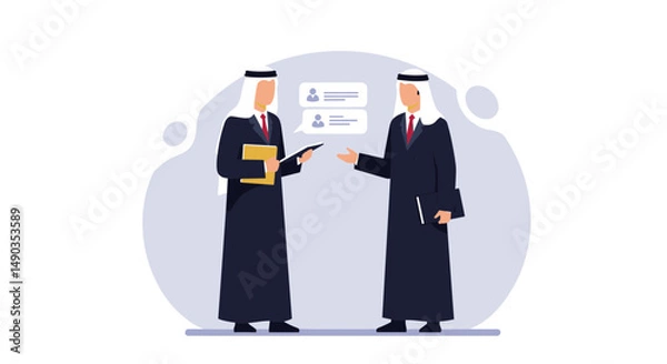 Fototapeta Two Businessmen In Black Suits Discussing Data On A Tablet With A White Background