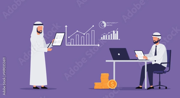 Fototapeta Two Businessmen in Traditional Attire Reviewing Financial Data Using Laptop and Tablet in Office with Purple Background