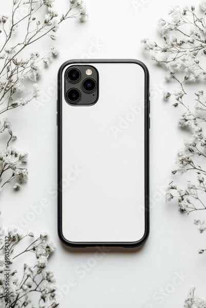 Obraz Minimalist Smartphone on White Background Surrounded by Flowers