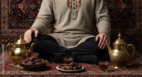 Obraz Serene Ramadan Moment: Person Meditating with Dates, Tea, and Traditional Teapots on an Ornate Rug