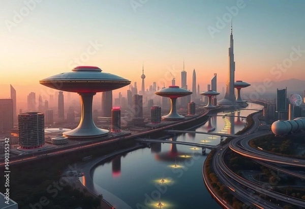 Fototapeta Futuristic city skyline with flying saucers above a glowing river, neon, concept art