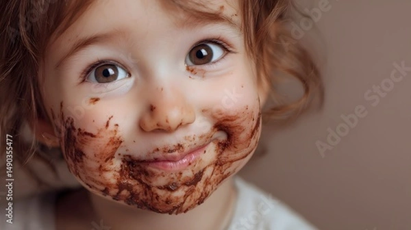 Fototapeta Adorable toddler face covered in chocolate messy eating happy child sweet treat dessert indulgence moment