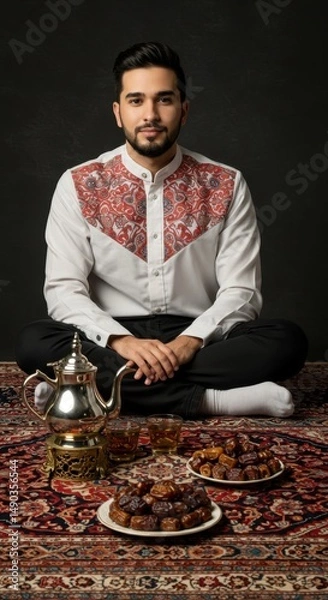 Obraz Elegant Man in Traditional Attire Enjoying Dates and Tea during Ramadan