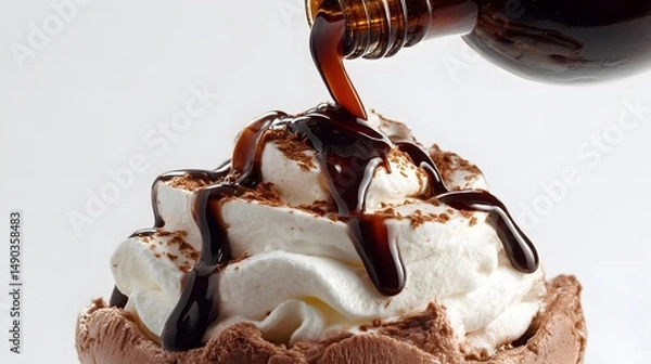 Obraz Chocolate sundae dessert with whipped cream and syrup being poured delicious food photography