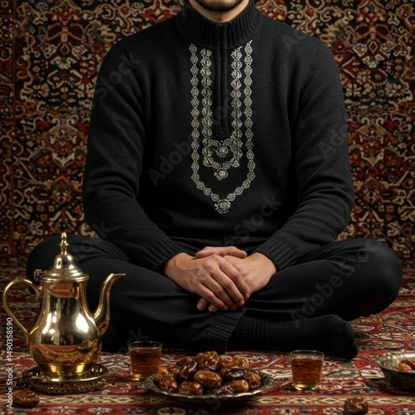 Obraz Ramadan Mubarak: A Man in Traditional Attire Enjoying Dates and Tea
