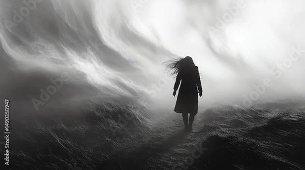 Obraz A person walks purposefully against a strong wind, showcasing resilience and determination amidst challenging weather conditions.