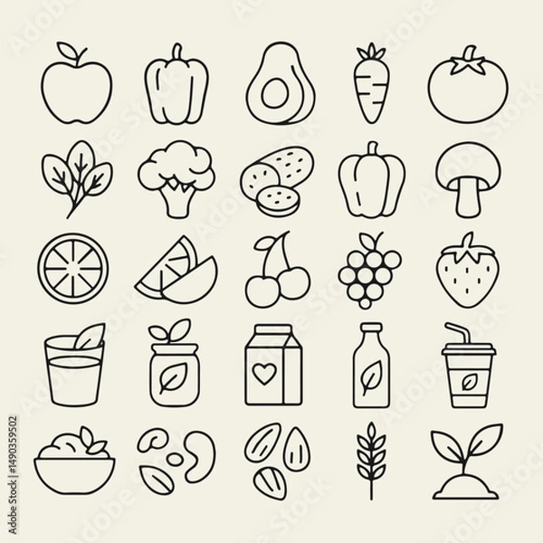 Fototapeta A collection of 25 clean and modern black line icons representing healthy eating and vegetarian food. Includes icons of fruits, vegetables, smoothies, salads, nuts, grains, and eco-friendly elements. 
