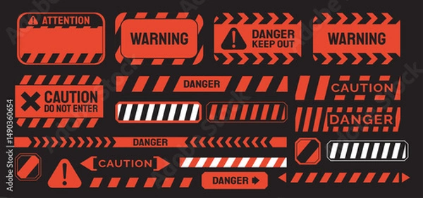 Obraz Warning vector signs. Attention sign, warning sign, caution sign, danger sign. Exclamation mark. Yellow warning caution sign text space area message box sticker label object goods commodity. Dangerous
