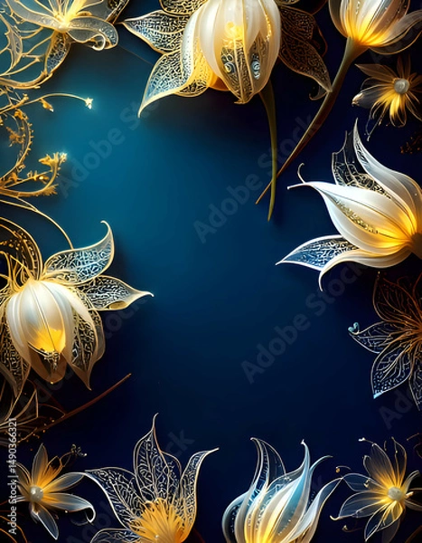 Obraz Elegant floral design with glowing flowers on a dark blue background.