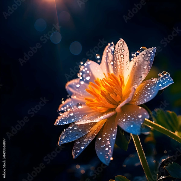 Obraz A close-up of a water lily with droplets glistening in soft light.