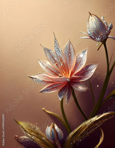 Obraz A beautifully detailed depiction of delicate water lilies with dewdrops.