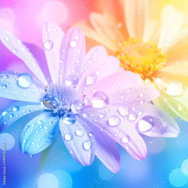Obraz A close-up of colorful flowers with water droplets against a vibrant, blurred background.