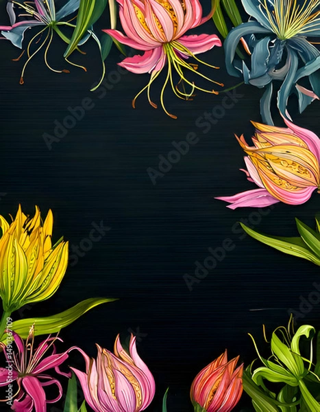 Obraz A colorful floral border design on a dark background, ideal for invitations or decor.