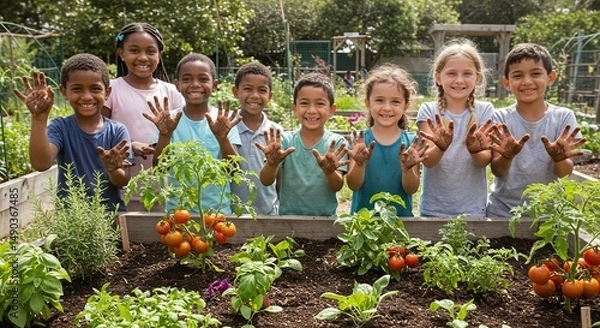Obraz School Children Gardening Hands-On Learning and Growing Together
