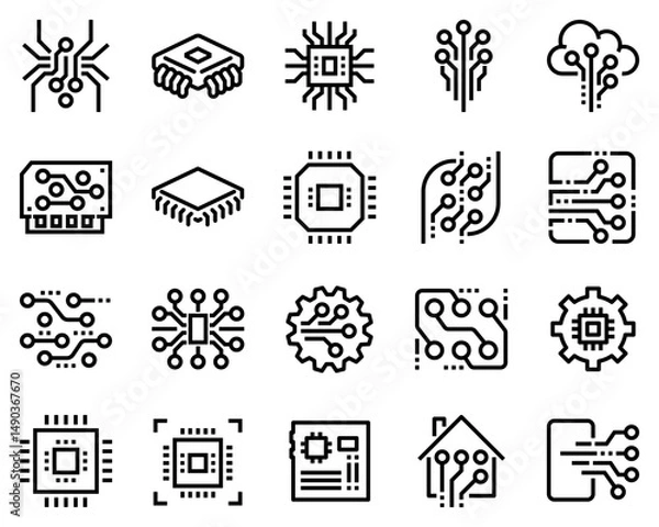 Fototapeta A simple set of abstract electronic vector line icons. Contains icons such as Spider Bot, Chip, Circuit, Abstract Electronic Module and more black