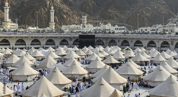 Obraz Mina Tent City during Hajj Pilgrimage: A Vast Expanse of White Tents in Mecca, Saudi Arabia