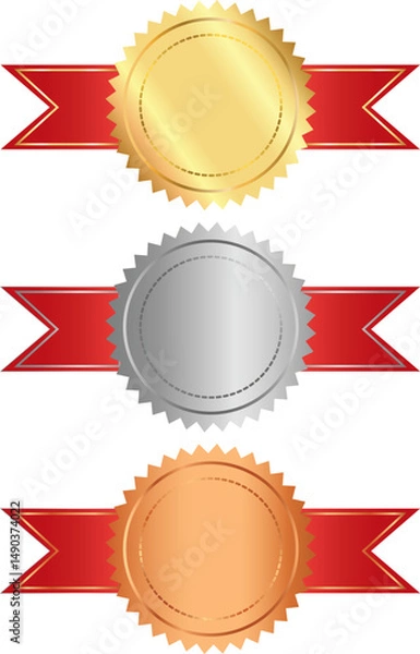 Fototapeta Gold, Silver, Bronze Medal Vector Set with Ribbons ,Award Icons Collection