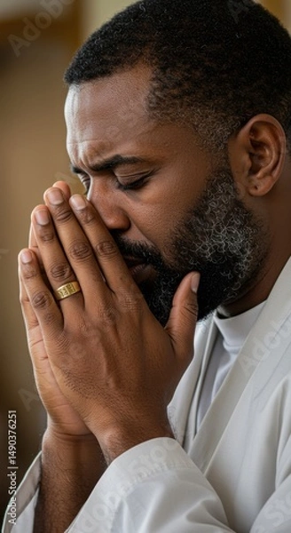 Obraz A Man's Quiet Moment of Prayer and Reflection: A Close-Up Portrait of Faith and Introspection
