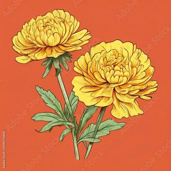 Fototapeta an AI Image Generator, Vivid Orange Flowers Illustration with Green Stems