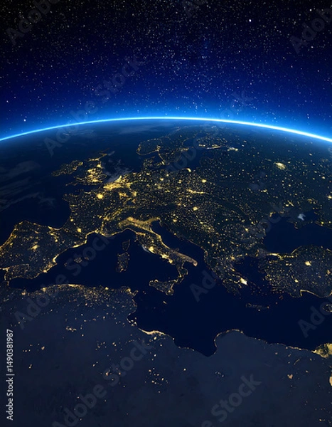 Fototapeta Europe at night from space. City lights illuminate countries and continents. Earth, stars, glowing horizon. Use for globalization, network concepts.