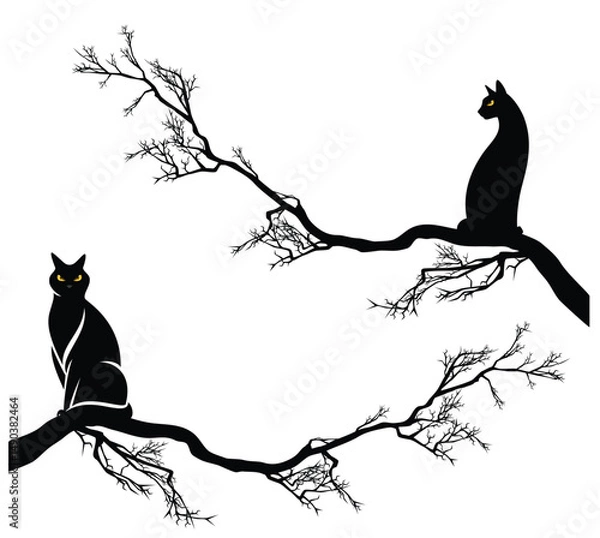 Obraz black cat with yellow eyes sitting at long twisted bare tree branch - halloween theme vector silhouette design set