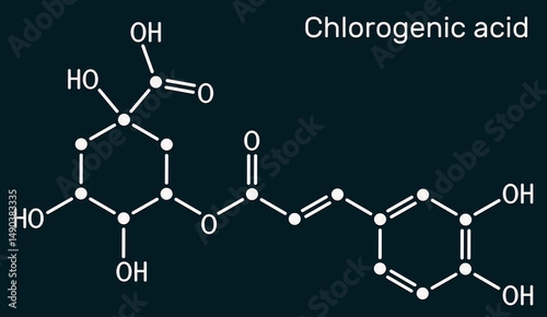 Fototapeta Chlorogenic acid molecule. Chemical structure of plant-based polyphenol antioxidant, dark blue background